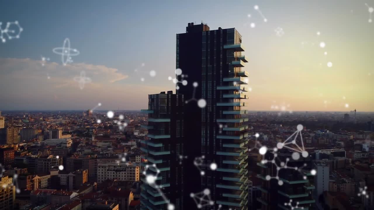 Animação de conexões se movendo sobre paisagem urbana moderna ao pôr do sol.