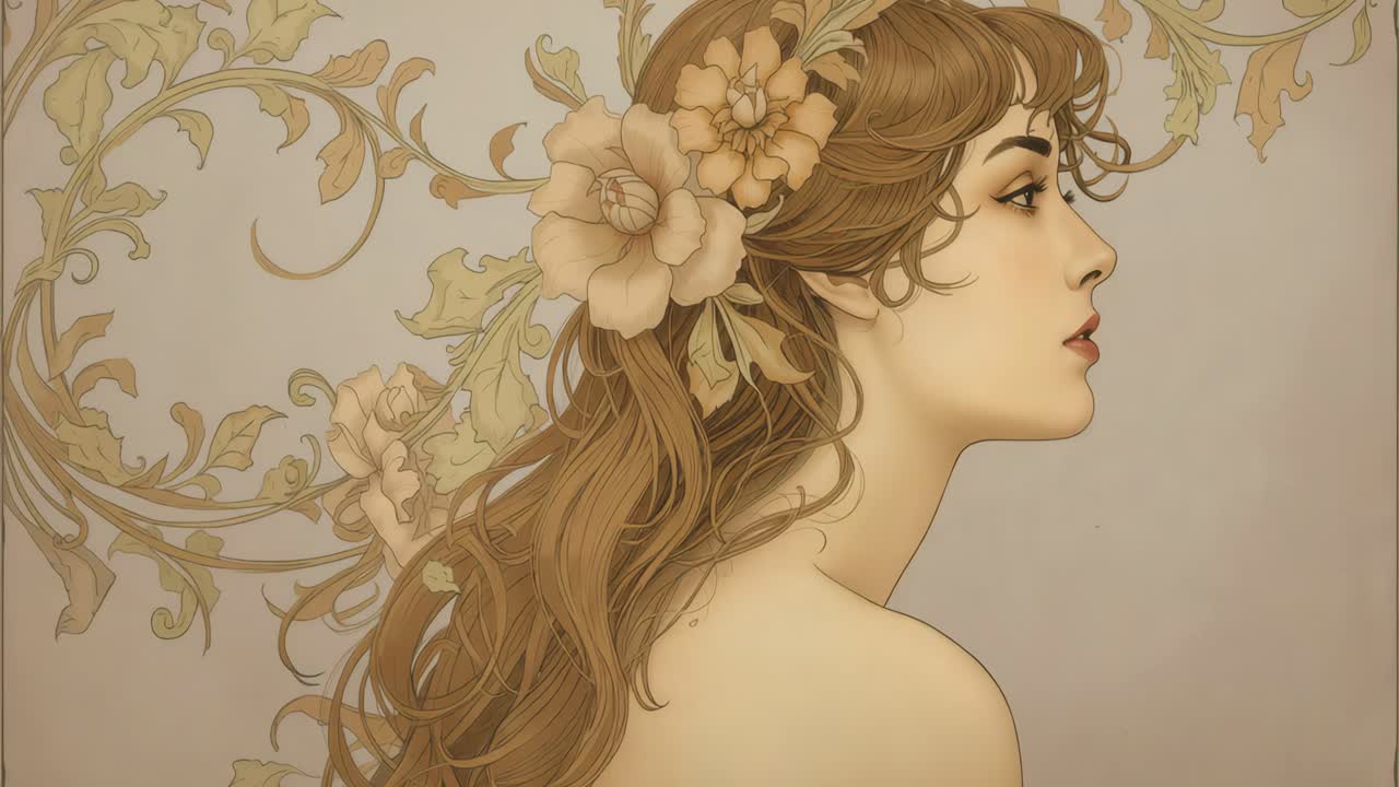 Art Nouveau Portrait of a Woman with Flowers