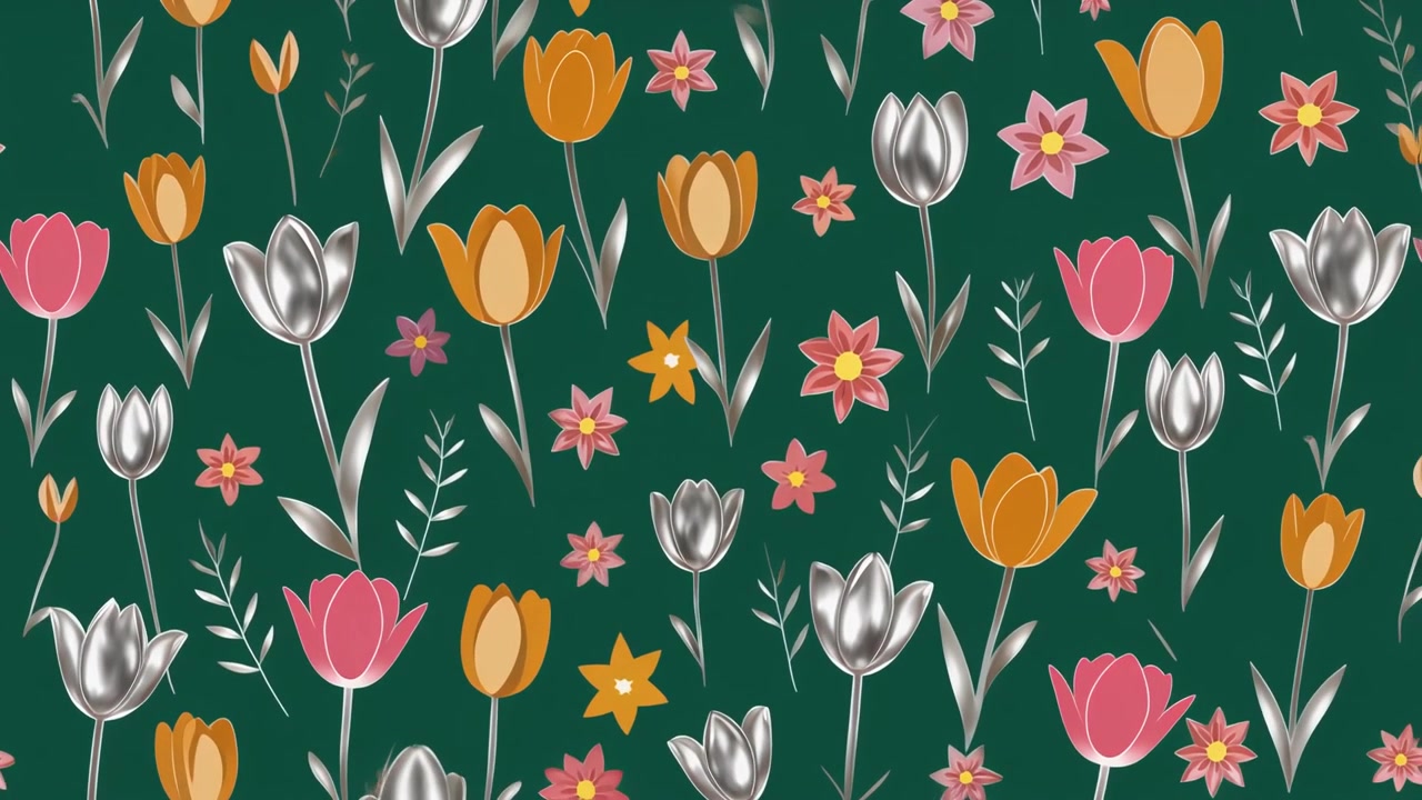 Seamless Pattern Animation of Metallic and Colorful Tulips on Green Background