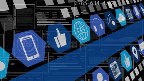 animación de iconos digitales y procesamiento de datos sobre un fondo oscuro