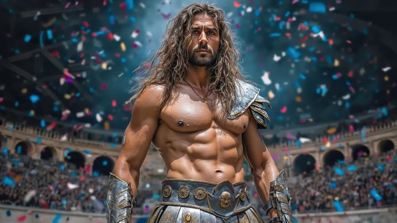 A shirtless man with long hair standing in front of a crowd