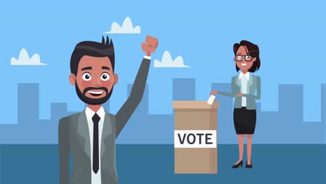 pareja de candidatos con caja de votación en los caracteres de la ciudad
