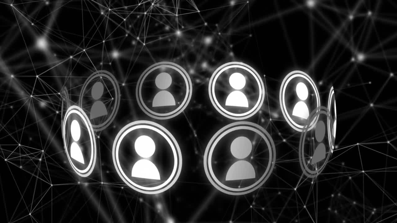 animación del icono del perfil en círculos sobre puntos conectados contra un fondo negro