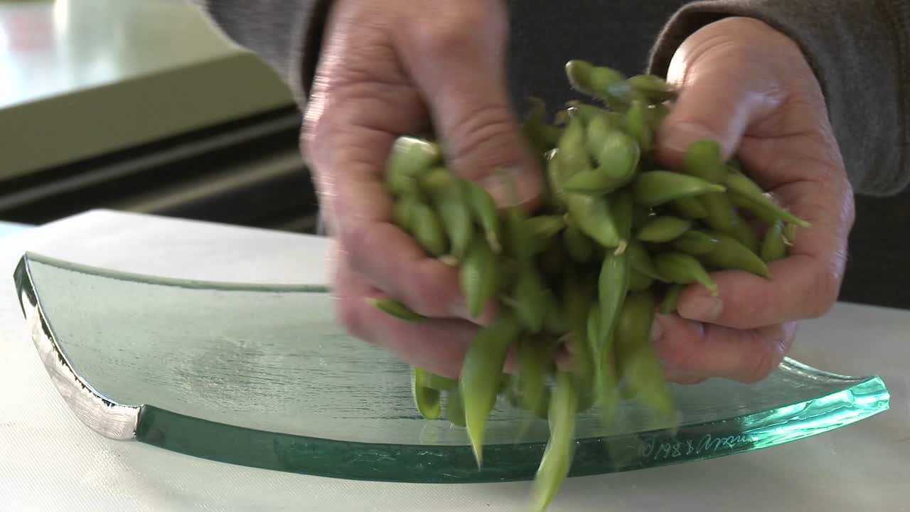 habas de soja orgánicas en una placa de cristal