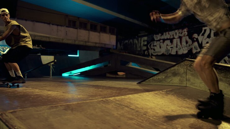 Hipster attivi che eseguono un trick di salto su una rampa in uno skate park notturno con graffiti.