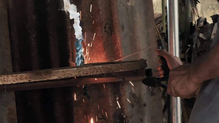 Saldatore professionista che utilizza una saldatrice industriale per unire due pezzi di metallo, creando una struttura metallica, nell'ambito del suo lavoro quotidiano presso una piccola attività locale