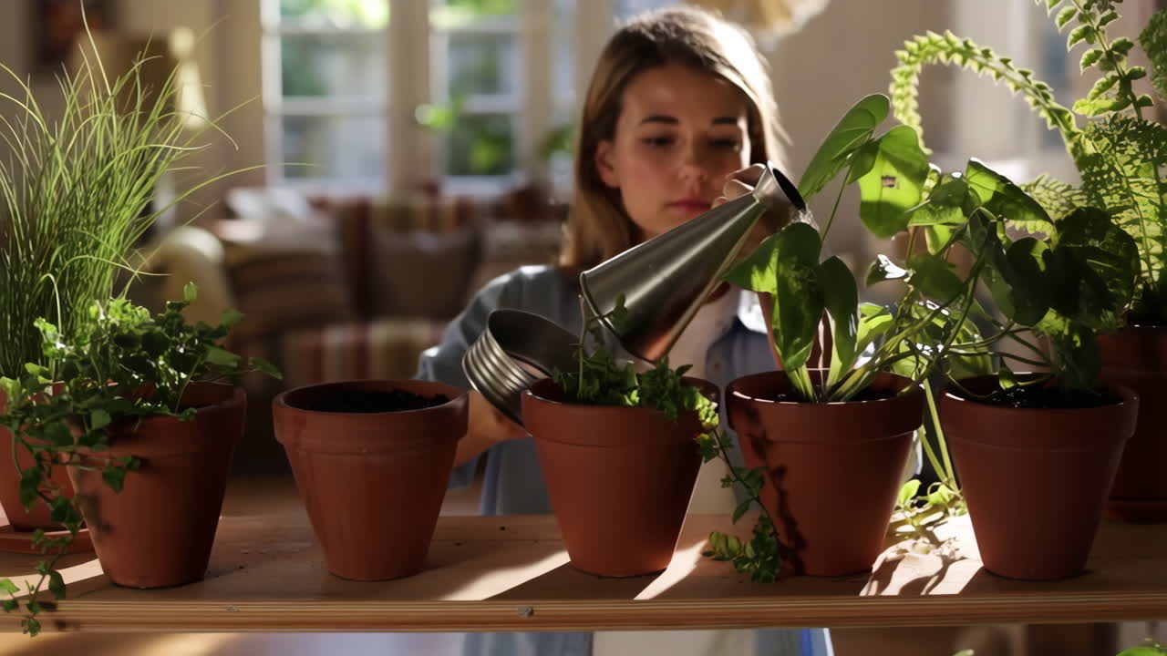 Woman Watering Plants Indoors