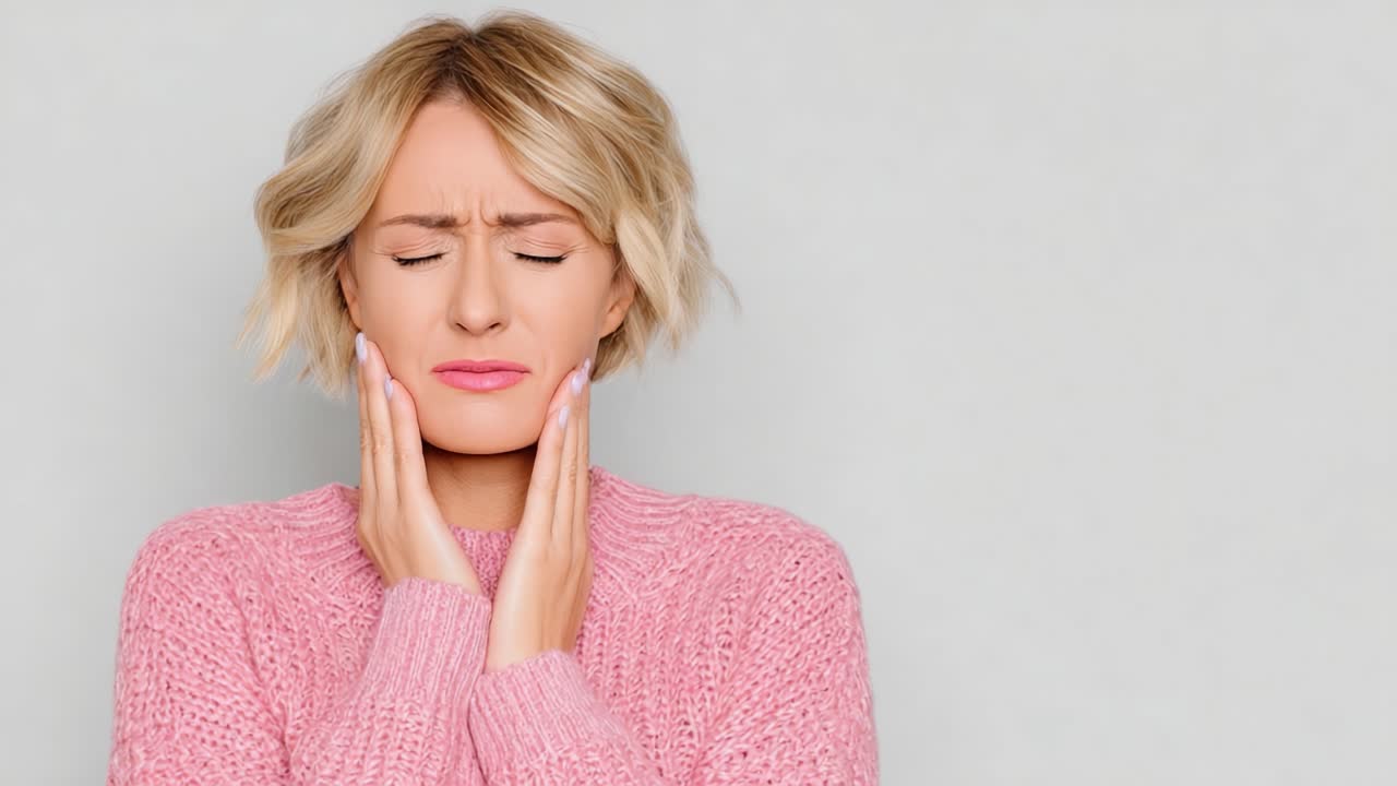 Esprimere Disagio: Una giovane donna dai capelli biondi con un accogliente maglione rosa si tiene il viso per il dolore, evidenziando la difficoltà con il disagio facciale.
