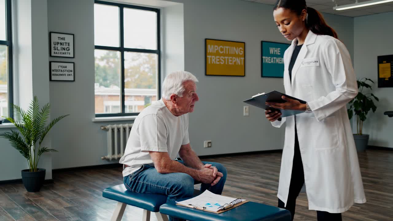 Doctor reviewing medical notes with senior patient