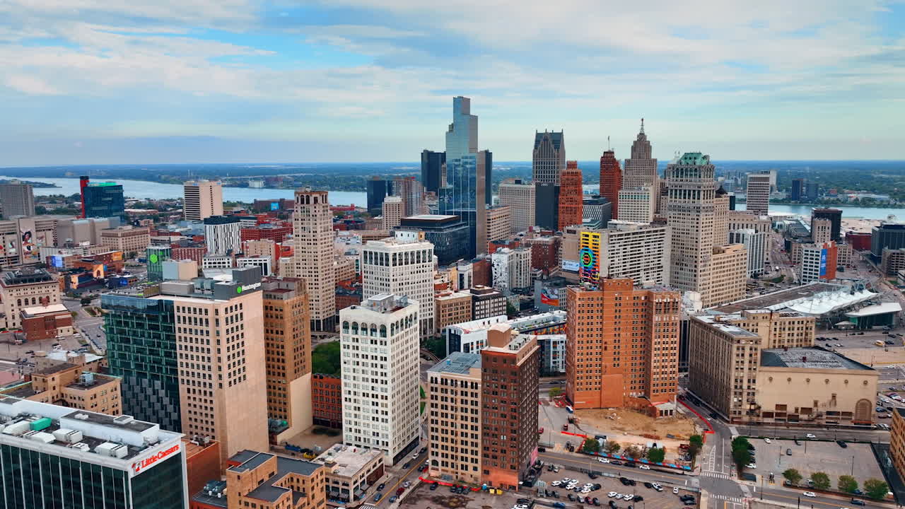 Detroit, USA, 28 July 2025: Detroit skyline above downtown. Aerial view of Detroit downtown towers by the river