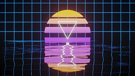 Animation-of-white-triangle-over-glowing-yellow-to-purple-circle-over-blue-grid-reflected-in-water