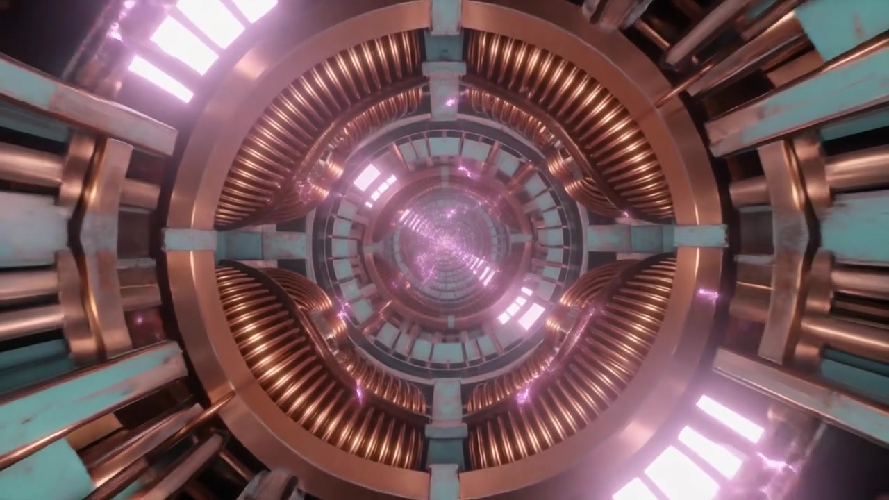 Túnel futurista de ciencia ficción con bobinas de cobre luminosas y chispas de energía