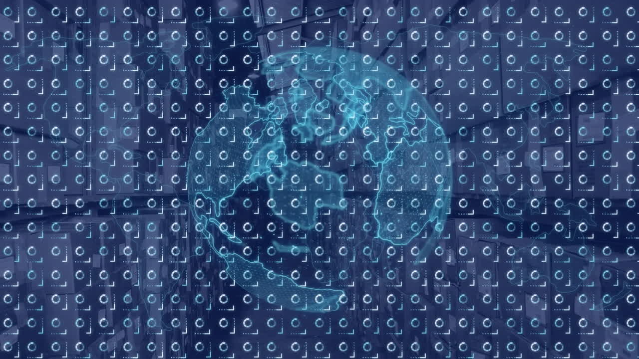 Animation of globe and digital interface with data processing over warehouse