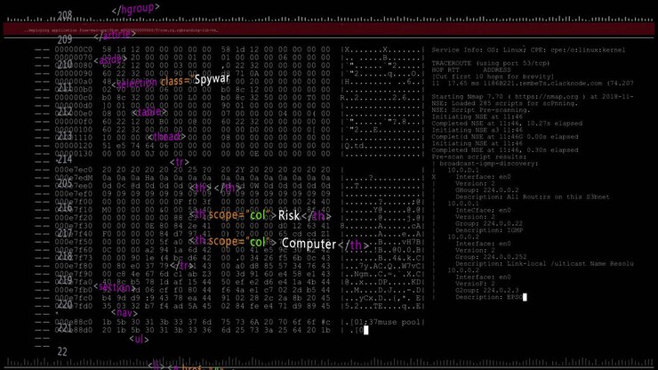 Animation of red lines and security warnings over data processing on black background