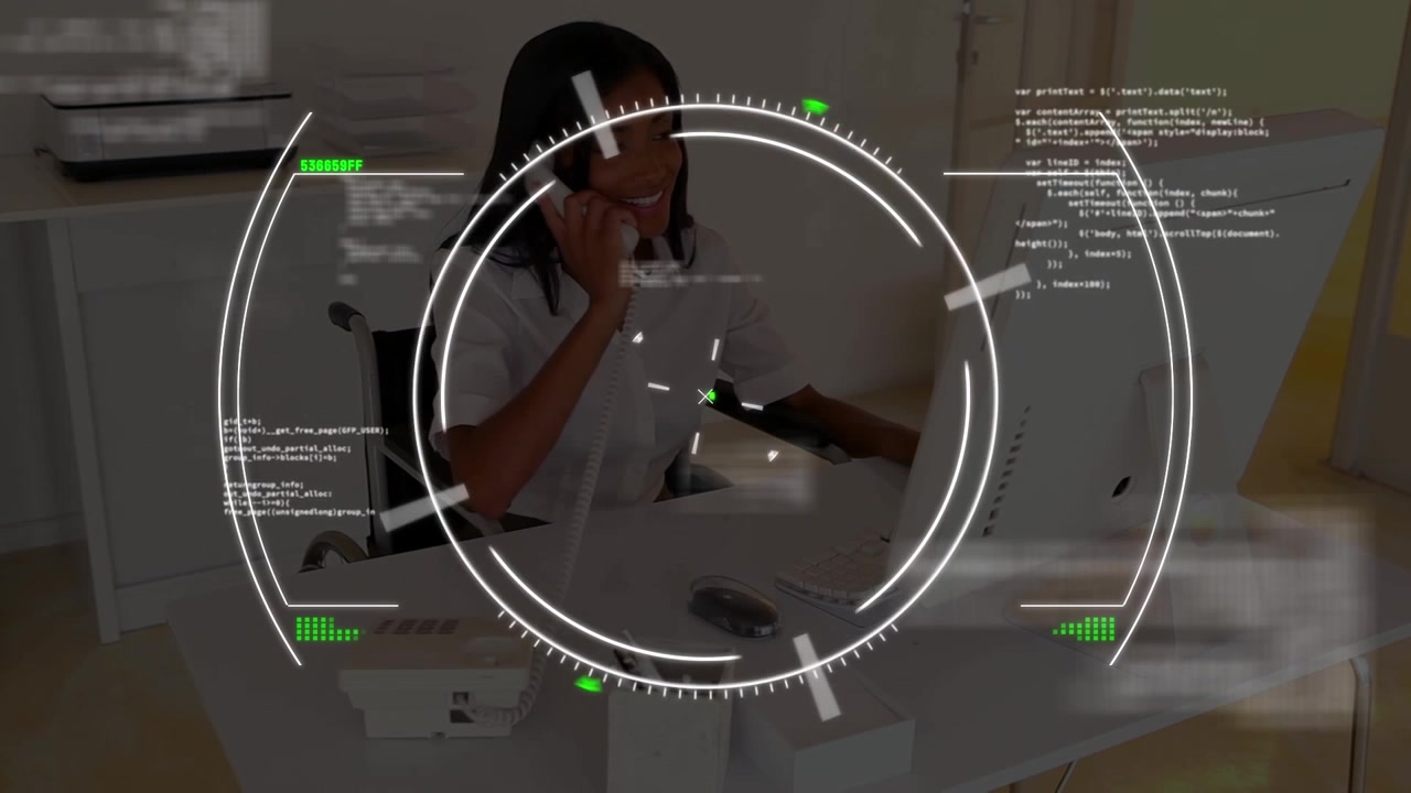 Animation of computer language, female woman talking on phone and working on computer