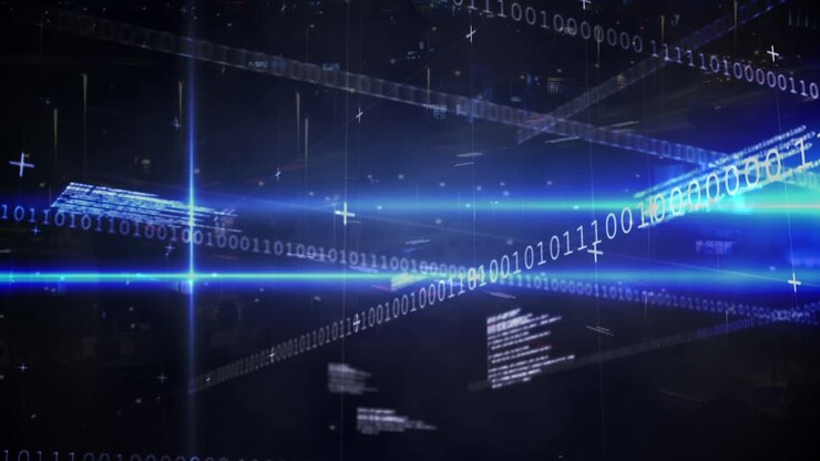 Animation of data processing and binary coding over city
