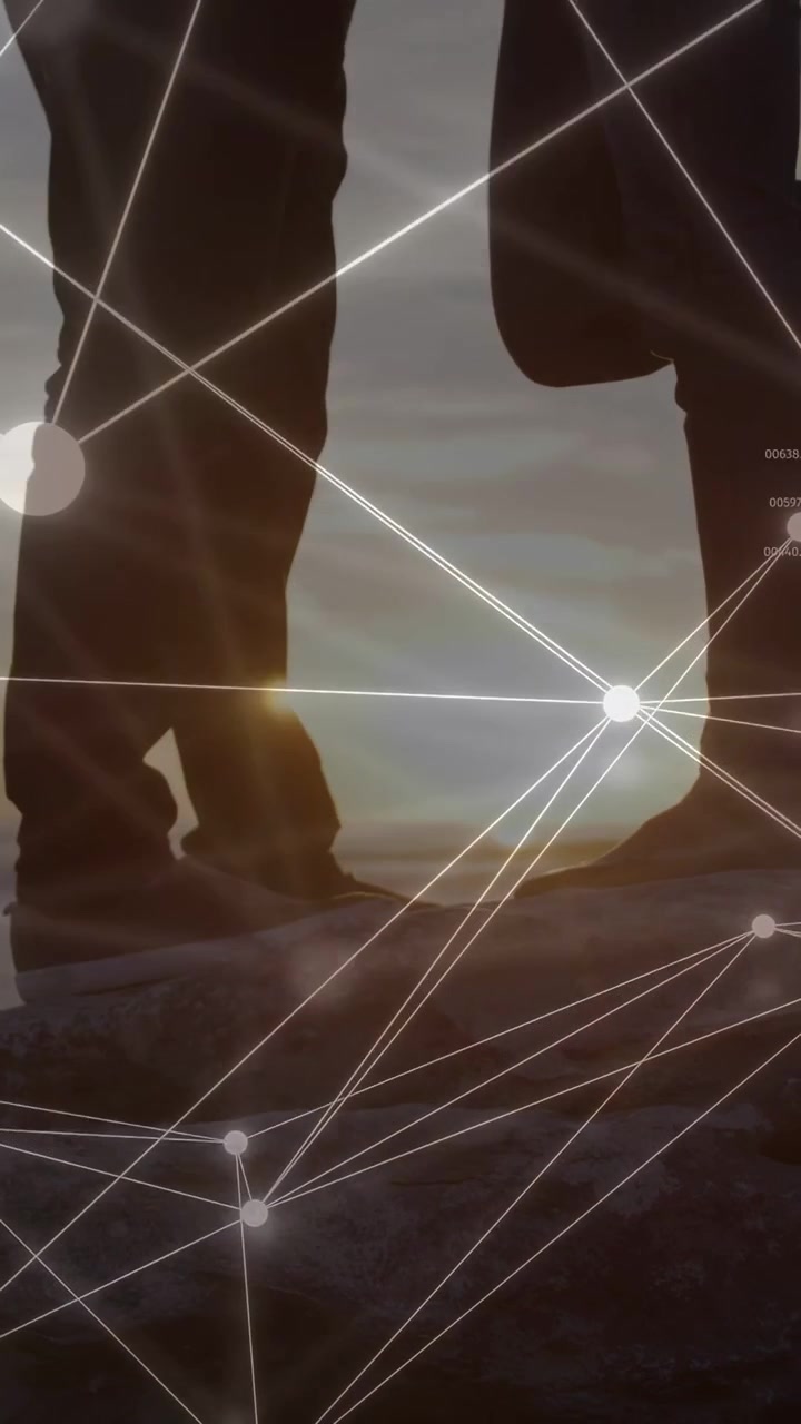 Vertical video: Sun flare starting nodes and tech chart moving across duo legs visualizing data