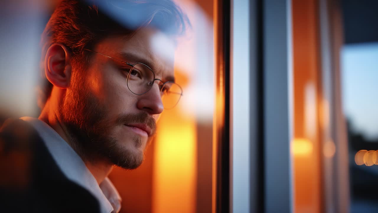 A thoughtful man gazes out of a window, bathed in warm evening light, reflecting on his surroundings as golden hues illuminate his features and create a serene atmosphere