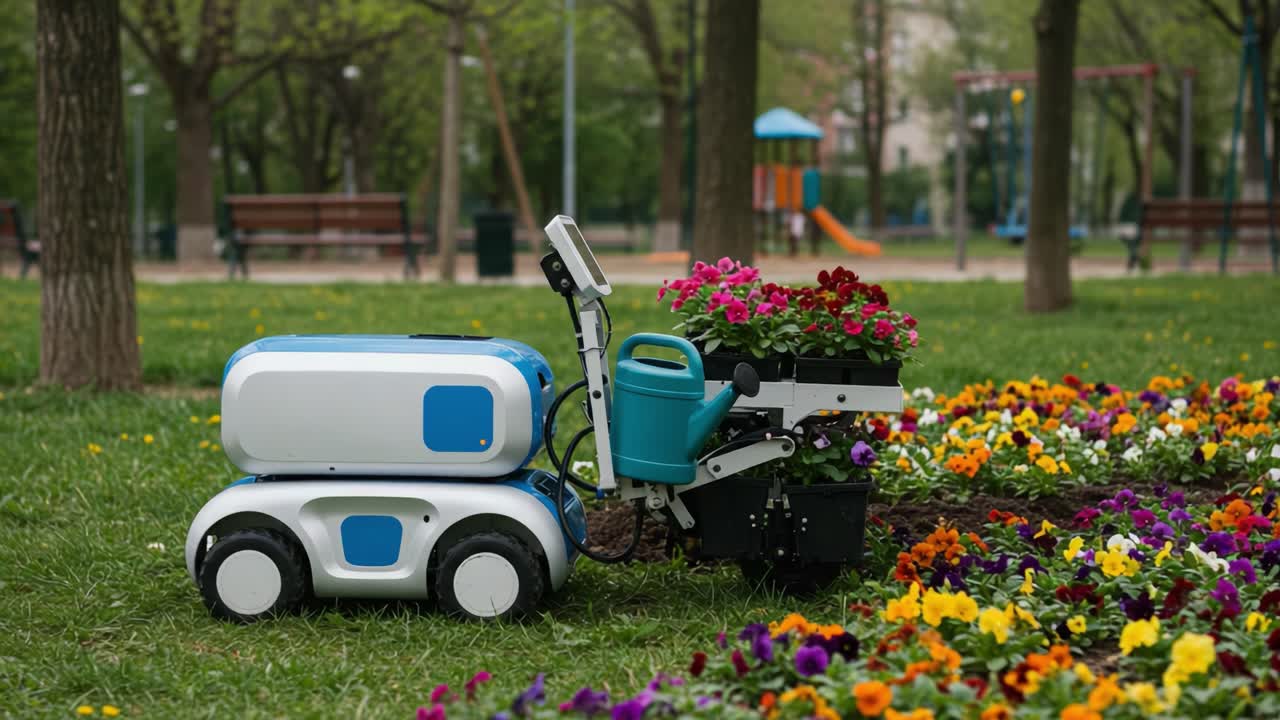 Autonomous Gardening Robot Cultivating Vibrant Flowerbeds with Precision in a Lush Park Setting, Enhancing Landscapes and Promoting Greenery for Urban Enjoyment