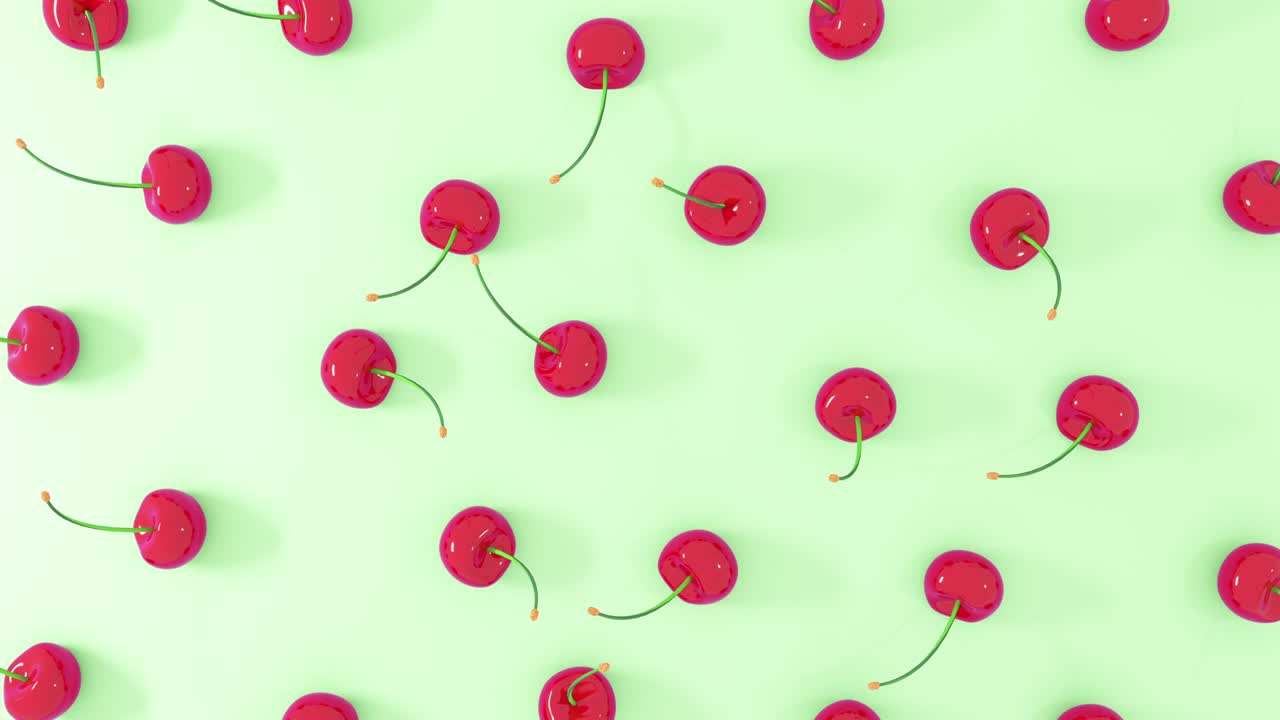Render 3D buah ceri merah segar dengan latar belakang pastel. Animasi loop render 4K.