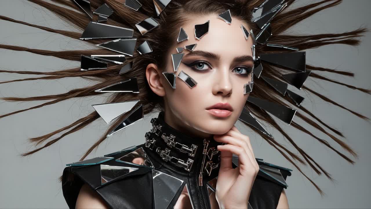 Stunning Model with Reflective Mirror Headpiece Showcases a Bold Fashion Statement in a Captivating Portrait Series