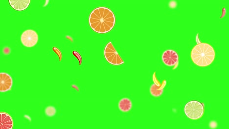citrus slices falling against a vibrant green backdrop