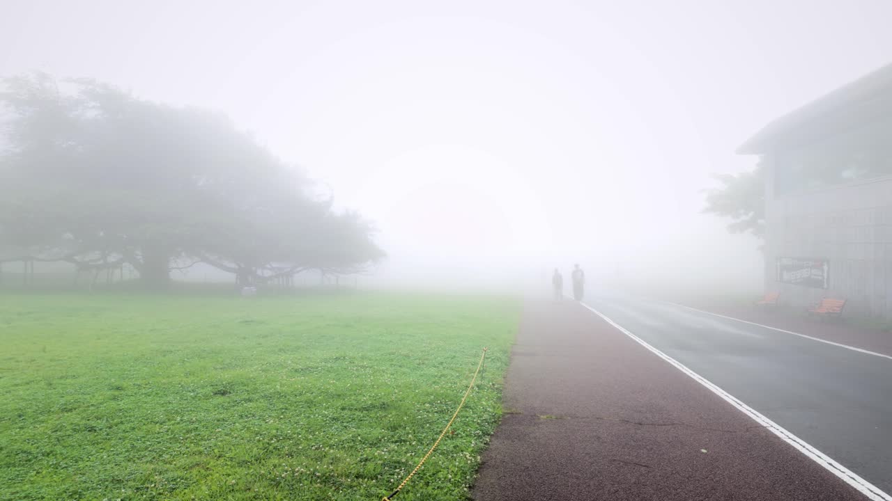 Static wide shot of people walking along misty pathway next to green park and modern building, surrounded by dense fog and soft daylight