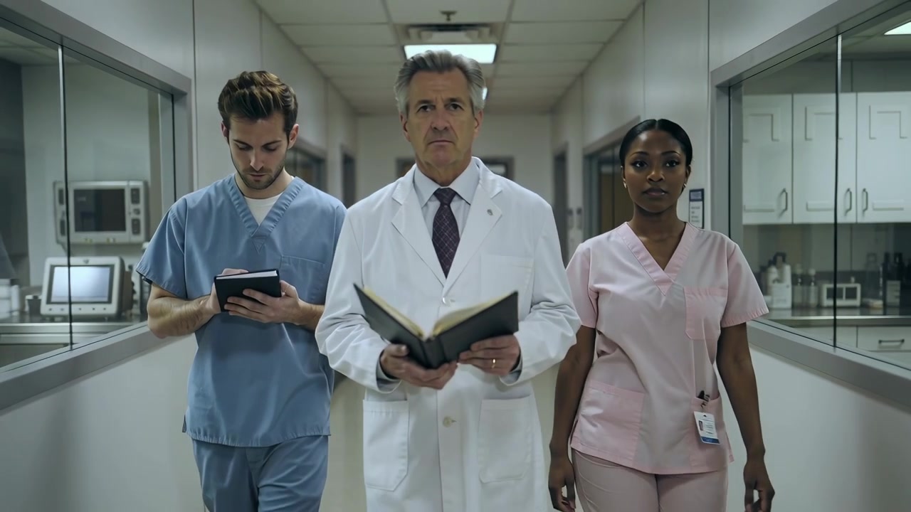 Starting rounds, doctor in lab coat walking ward corridor, reading binder, staff using tablet