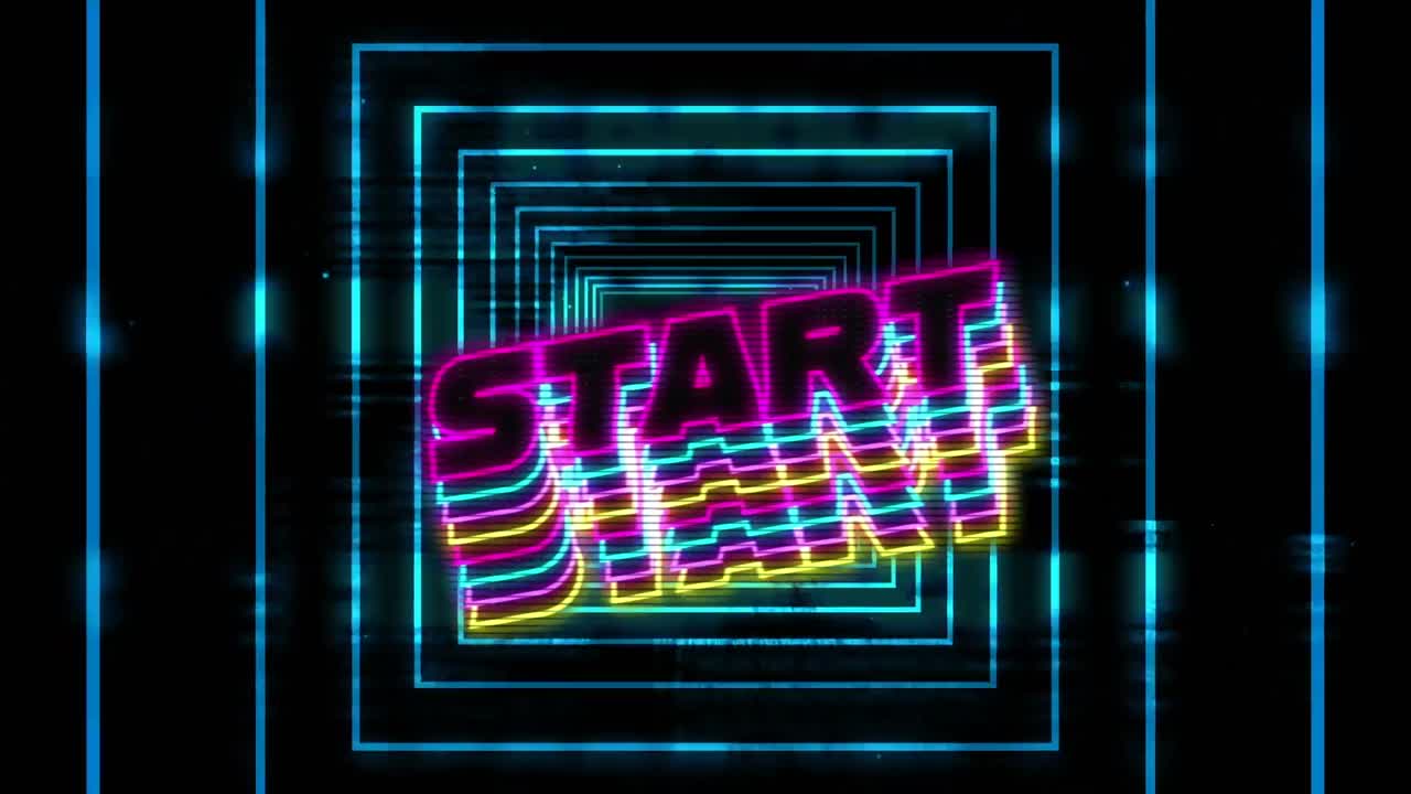Neon start text with shadow effect against neon blue squares in seamless motion on black background