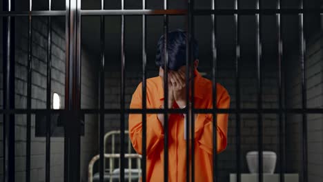 triste prisionero masculino asiático en esposas llorando mientras está de pie en la cárcel, el criminal se arrepiente y llora