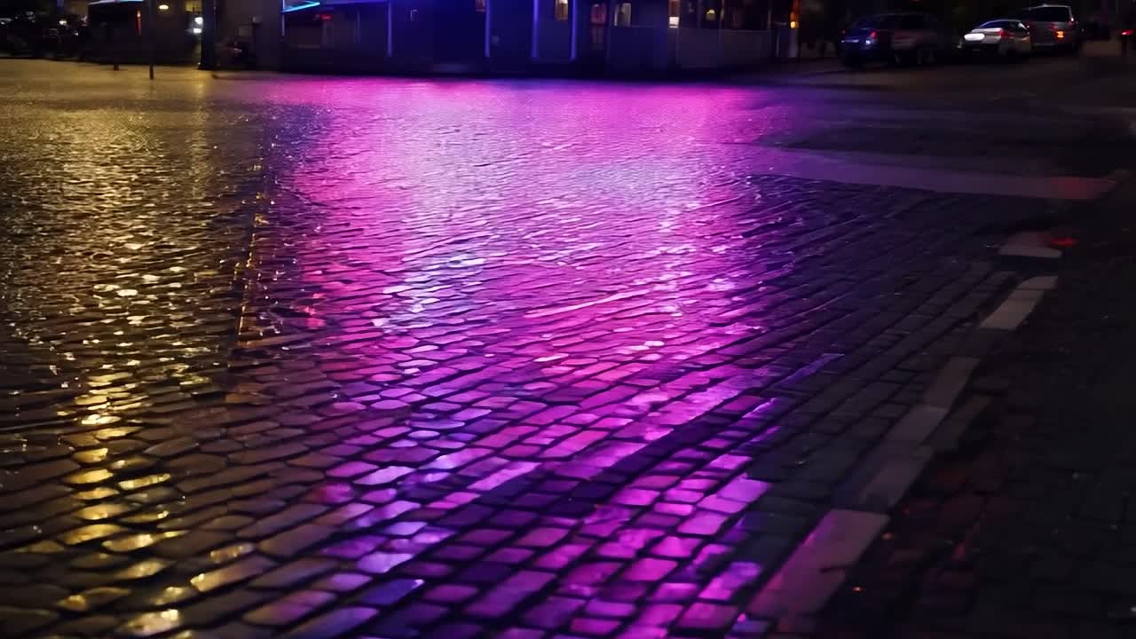Neon lights from a bar sign reflecting on a wet cobblestone street create a vibrant scene on a rainy night