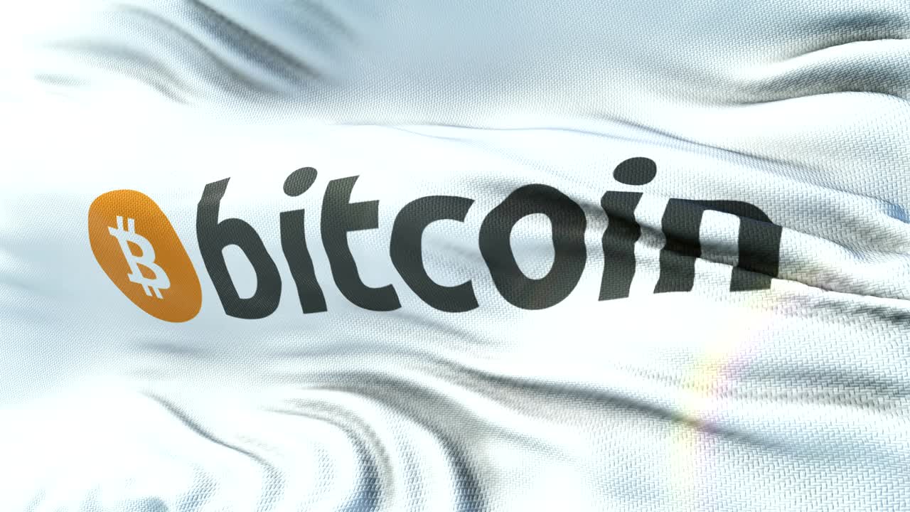 BITCOIN flag waving on sun. Seamless loop with highly detailed fabric texture. Loop ready in 4k resolution.