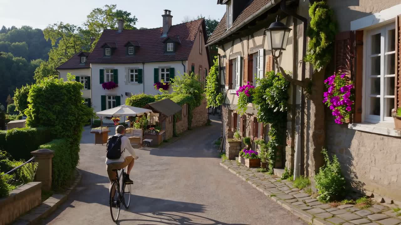Charming village scene with a cyclist on a sunlit street, captured from a rear angle