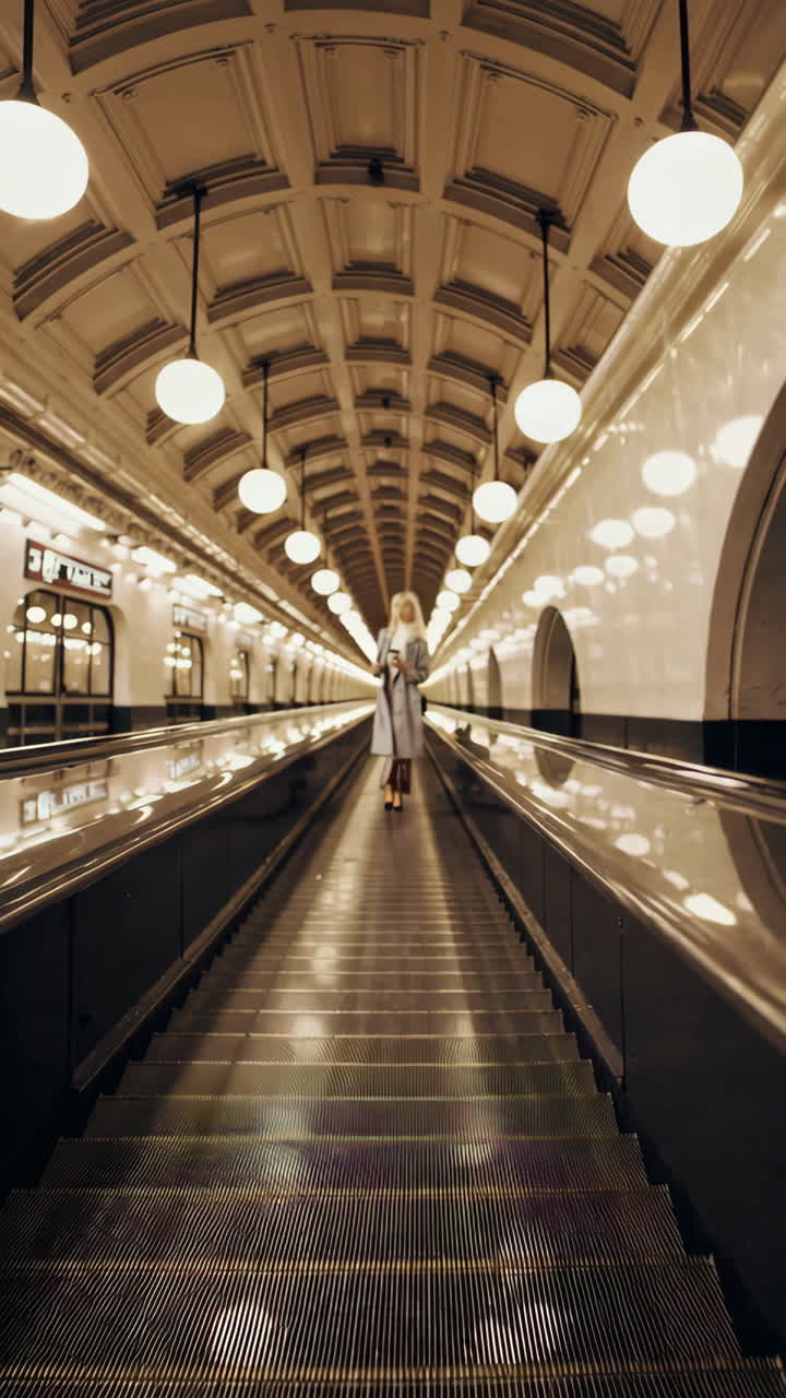 지하철 에스컬레이터 에서 회색 코트 를 입은 여자