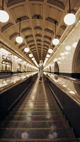 mujer con un abrigo gris en una escalera mecánica del metro
