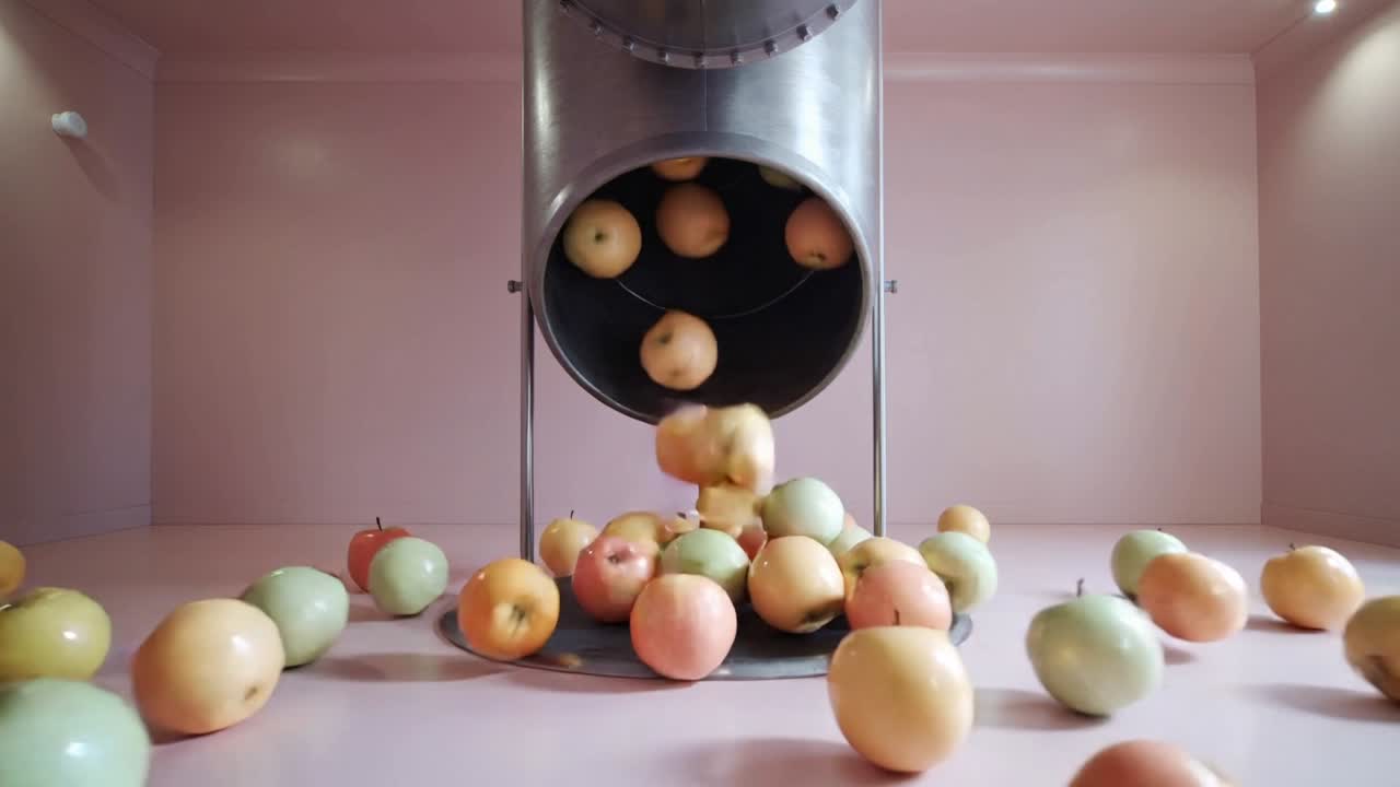 Un distributore di metallo si apre, rilasciando mele color pastello su una base in una stanza rosa, formando un mucchio sparso.