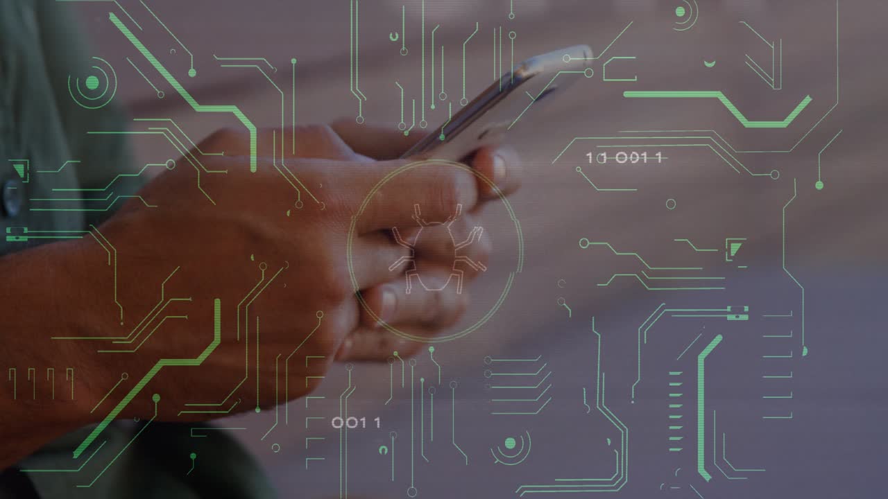 Mid-adult man tapping smartphone initiating tech circuits wrapping code detecting bug threat icon