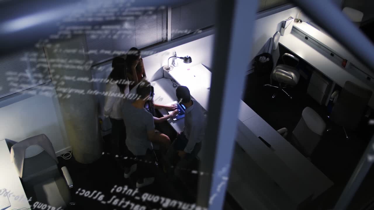 Animazione di statistiche e dati fluttuanti su persone che lavorano in ufficio