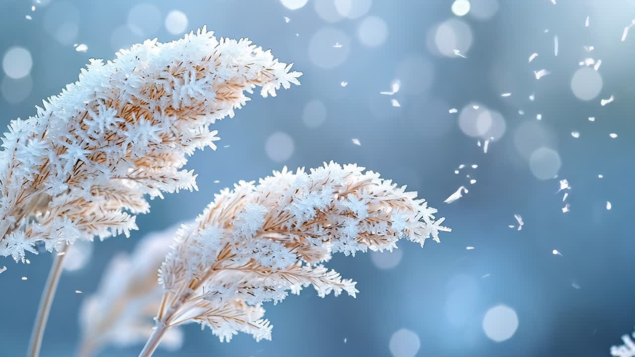A close up of a field of grass covered in frost. The grass is tall and the frost is covering it, giving it a serene and peaceful appearance