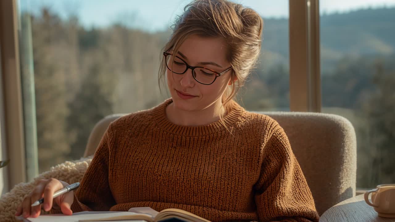 Femme adulte commençant à écrire en posant son stylo sur un carnet, révisant ses notes à des fins d'étude.