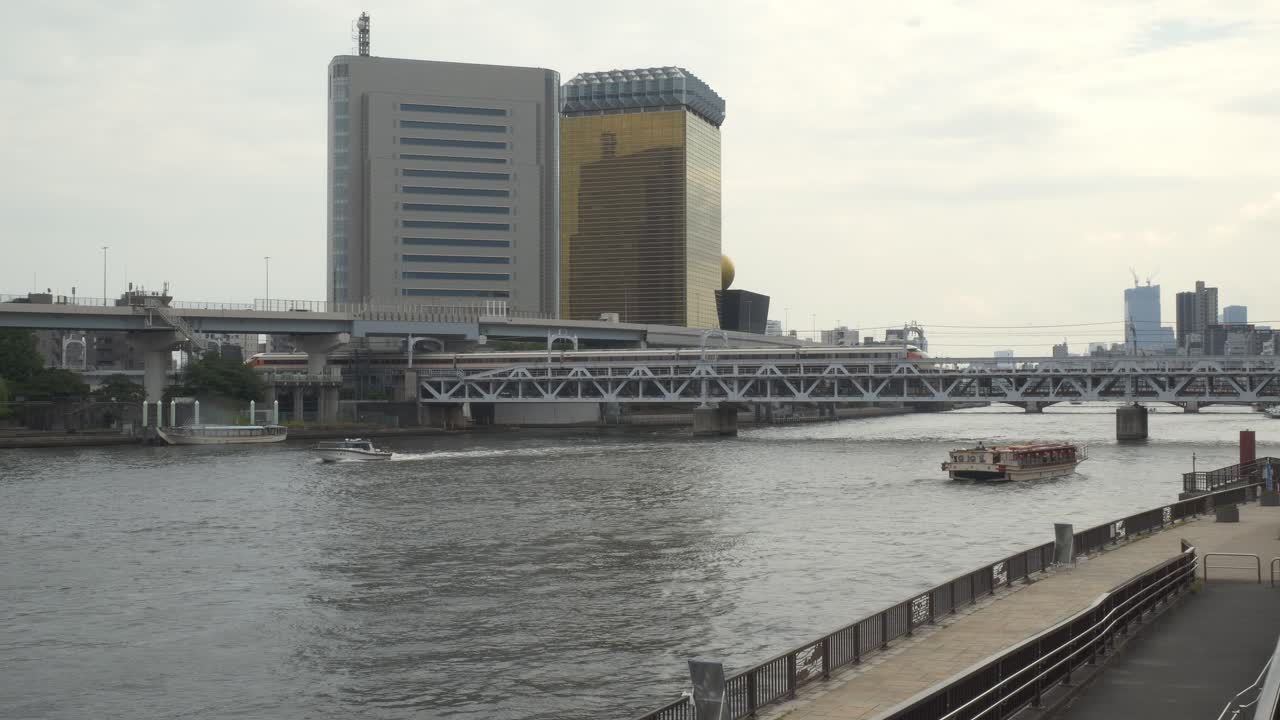 Waterfront Building Of Asahi Beer Headquarters Alongside The Sumida River In Tokyo, Japan. Wide Shot