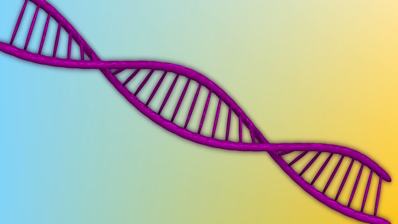 animación de una cadena de adn girando sobre un fondo azul y amarillo