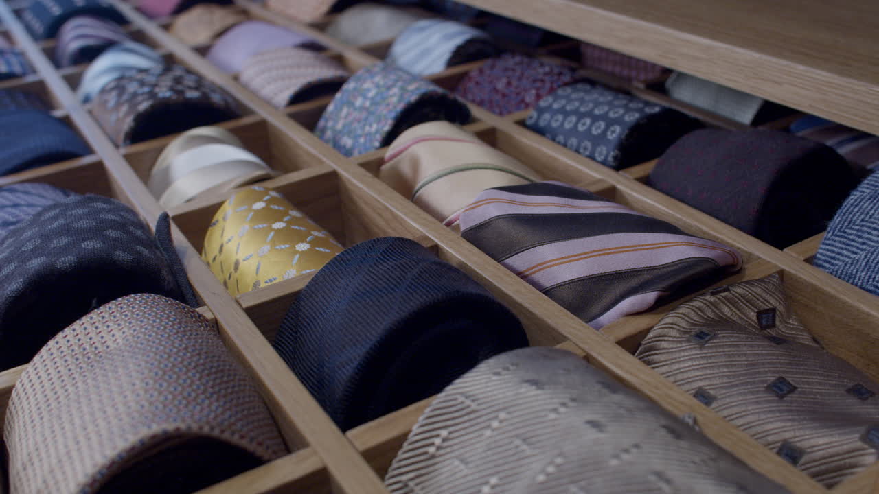 High quality video of a neatly arranged tie drawer opening to reveal colorful silk ties in a warm wooden cabinet, captured with soft motion and elegant detail