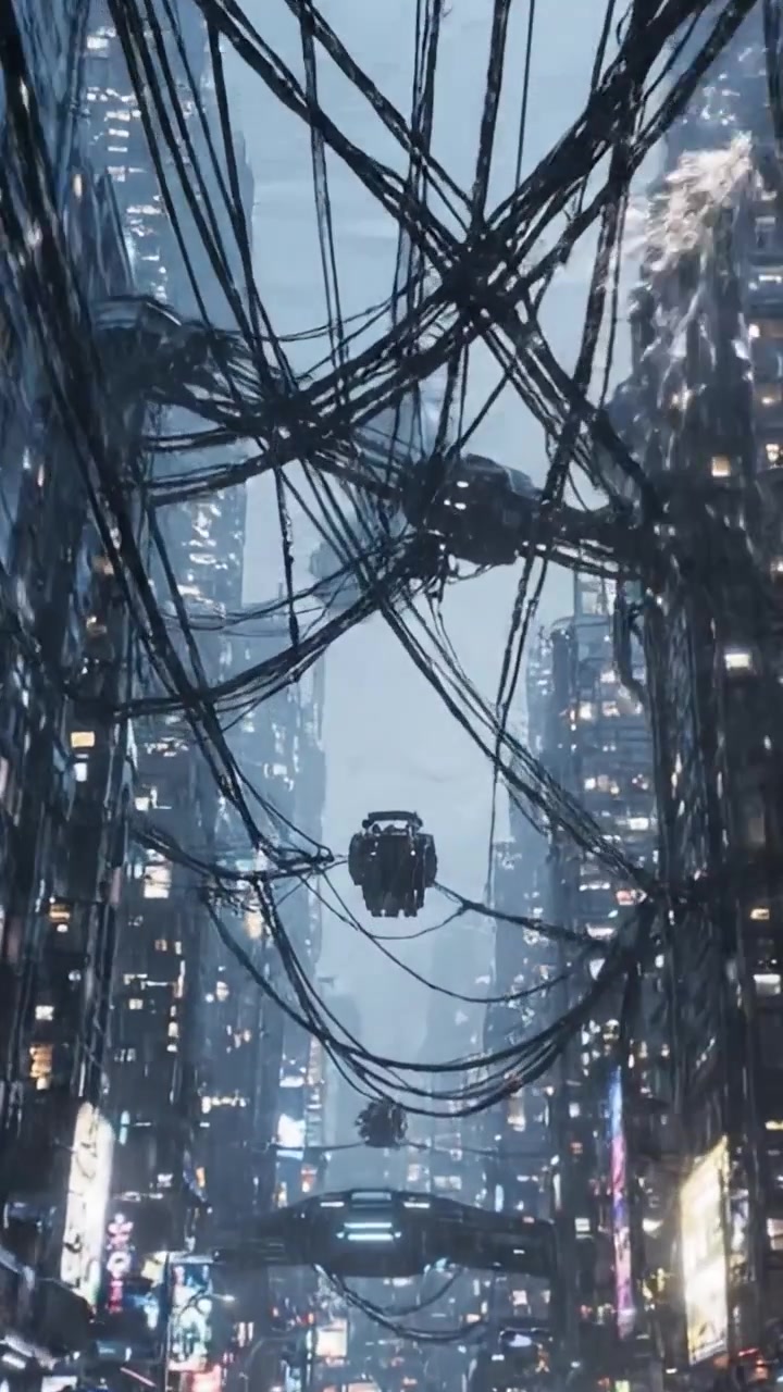 A Futuristic Urban Landscape Displaying a Dark, Cyberpunk Cityscape with Complex Wiring and Hovering Vehicles Illuminated by Neon Lights