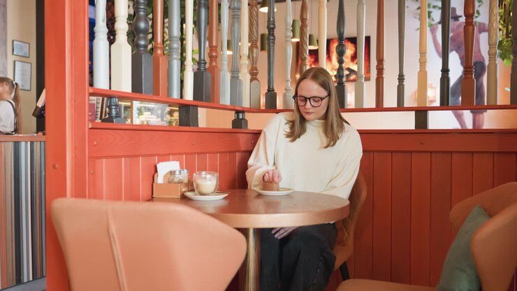 young woman in white sweater sits at mall cafe table behind decorative railing, eats chocolate cake while sipping latte, modern mall bar decor