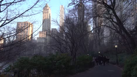 people walking in central park during christmas holiday time, wide view with glowing buildings in the background