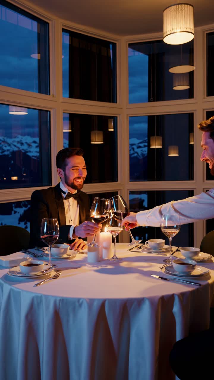 Elegant dining scene with a man in a tuxedo at a candlelit table. Shot from a side angle