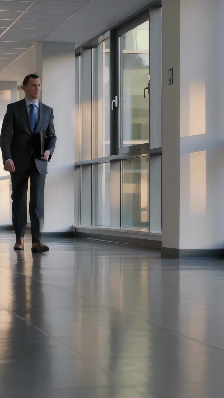 Vídeo vertical: Homem de terno entrando pela esquerda, caminhando no escritório com pasta para reunião, com espaço para texto.