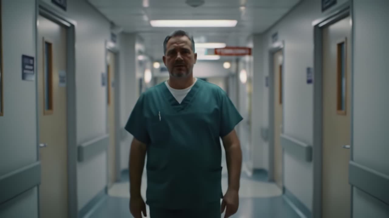 A Determined Healthcare Professional Walks Confidently Through a Hospital Corridor, Embodying Commitment and Compassion in Patient Care Amidst a Busy Medical Environment