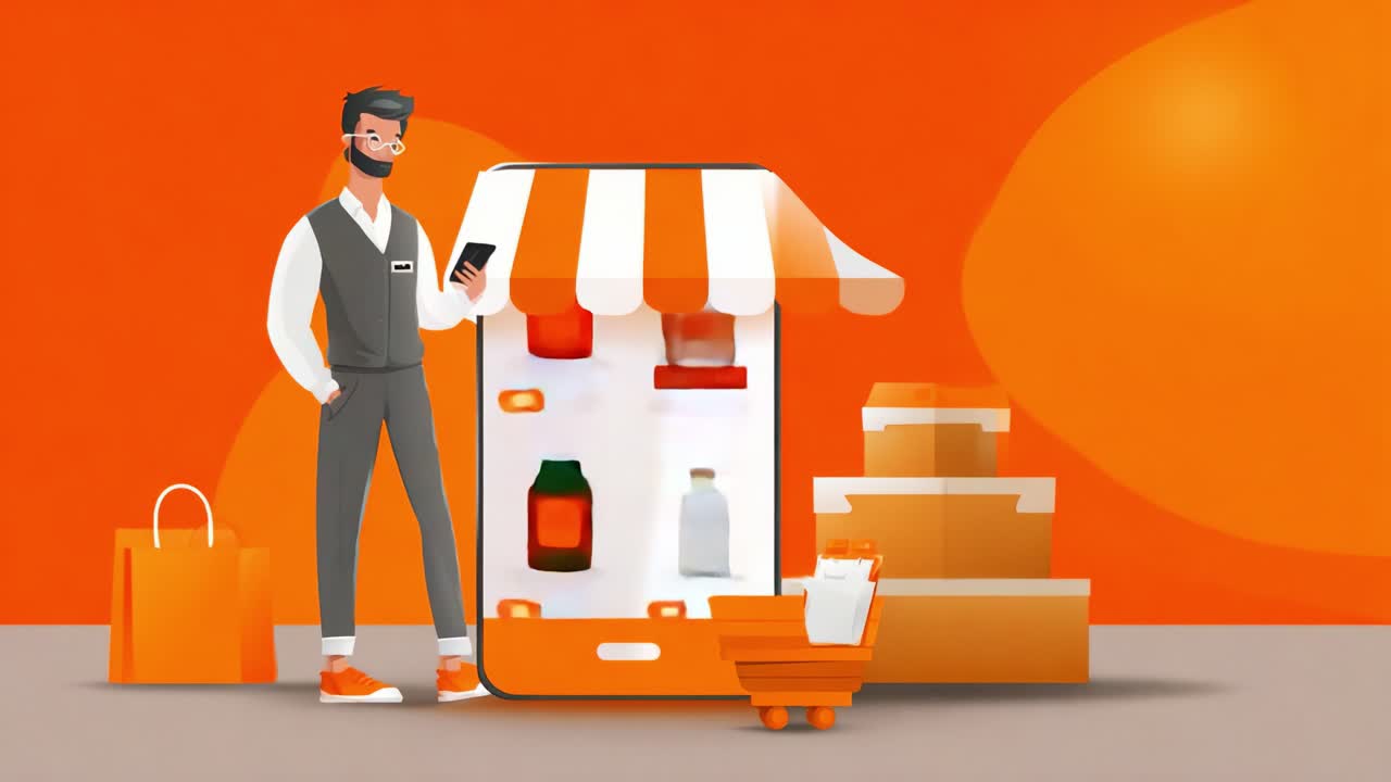 Uma vitrine digital moderna ilustrada em tons vibrantes de laranja, apresentando um homem checando seu celular enquanto interage com uma experiência de compra animada, exibindo produtos e bens embalados